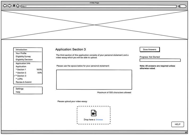 This image shows an early wireframe of the new applicant portal. 