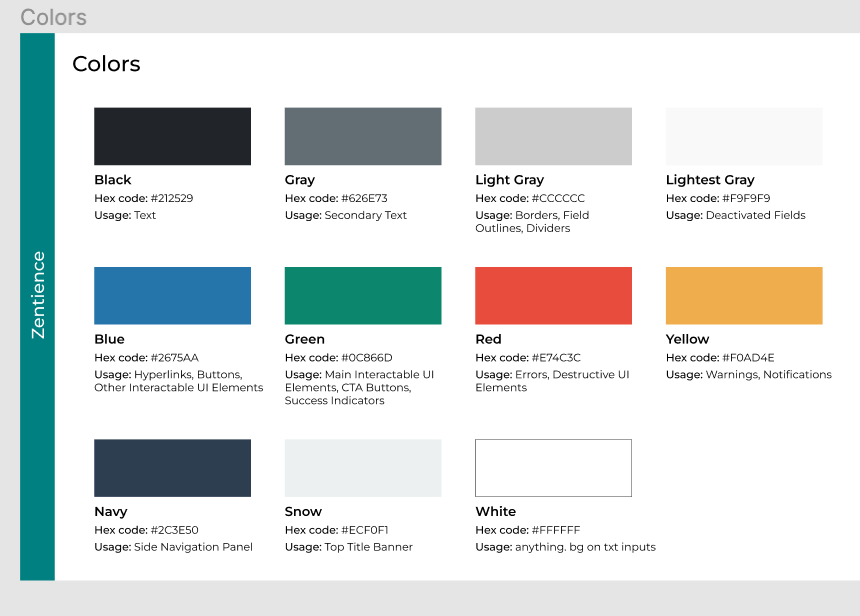 This image showcases a page of our design system showcasing our primary color palette and how each color should be used. 