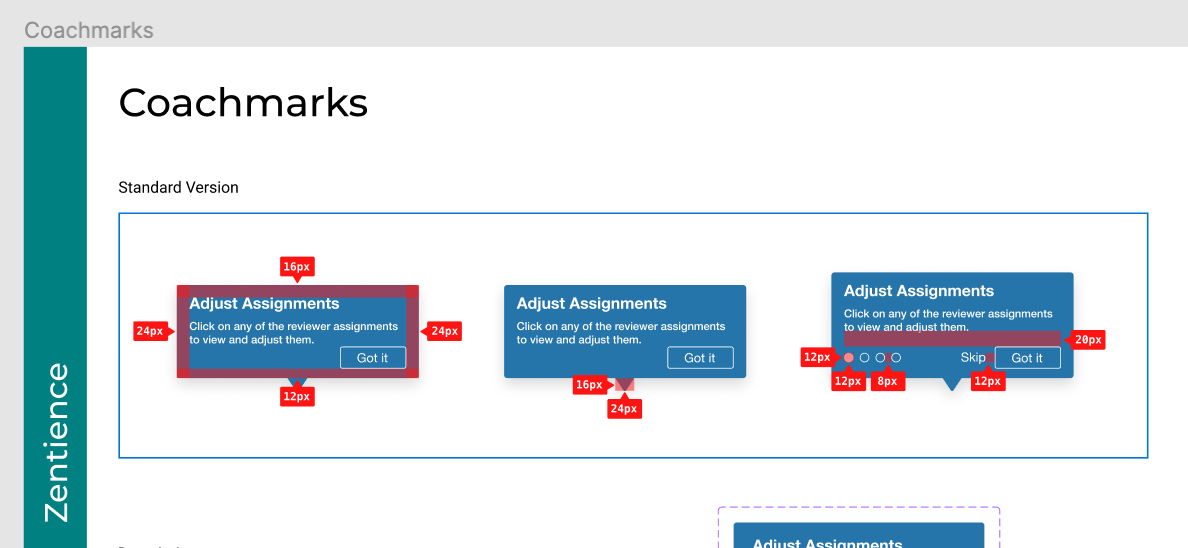 This image showcases a page from our design system explaining how/when to use coachmarks.